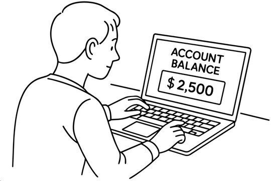 Black and white sketch of man viewed from behind looking at laptop screen displaying account balance of 2500 dollars, online banking concept