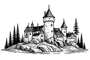 Obraz premium Black and white engraving style sketch of medieval stone castle with central tower, cross spire, half-timbered buildings on rocky hill surrounded by pine trees