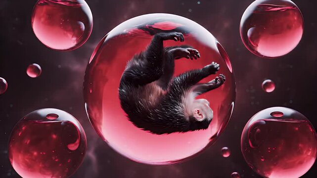 Surreal Monkey Floating Weightlessly in Red Liquid Sphere Amidst Cosmic Nebula Background