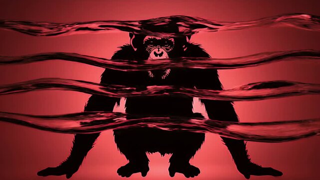 Surreal Monkey Silhouette Through Red Liquid Layers Abstract Background Digital Art