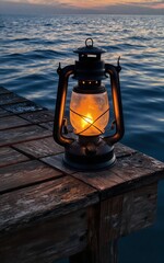 Fototapeta premium Warm lantern glows on wooden dock by calm sea at twilight.