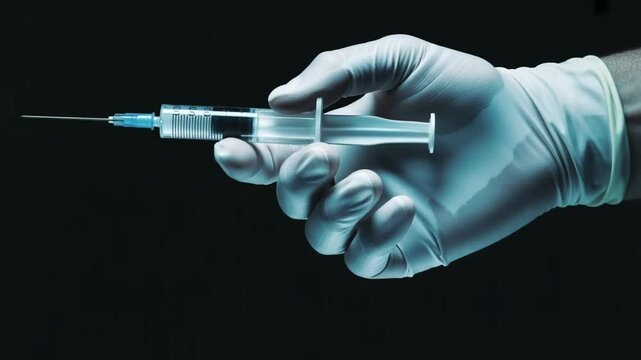 Medical hand wearing a sterile white latex glove holding a hypodermic syringe with a sharp needle isolated against a dark black