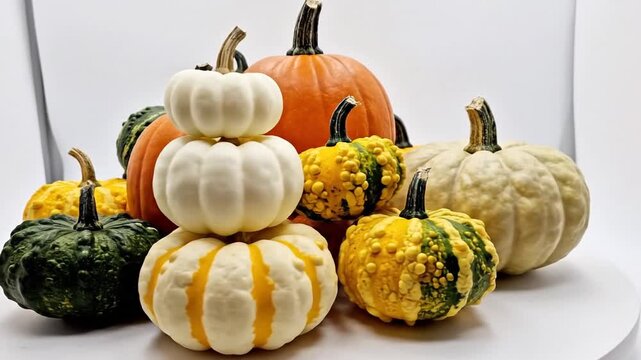 Assorted organic pumpkins and decorative autumn gourds of various sizes and vibrant colors like orange, white, and green arranged on a clean white background for fall harvest season display.