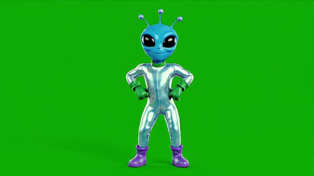 Whimsical blue alien with antennae wearing a shiny silver suit and purple boots dances energetically on a vibrant green screen background with playful lighting