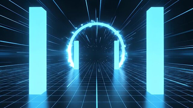 Glowing blue headphone icon on dark digital grid