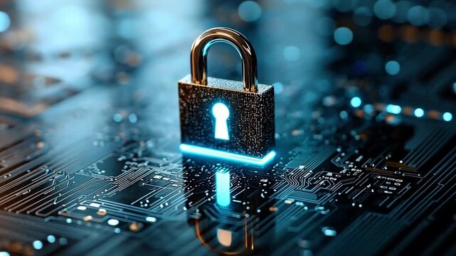 Digital Security Concept with Lock on Circuit Board Background