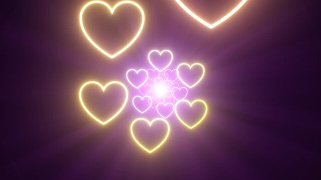 Rotating Neon Rainbow Love Heart Rings Creating Phase Wave Illusion - 4K Seamless VJ Loop Motion Background Animation