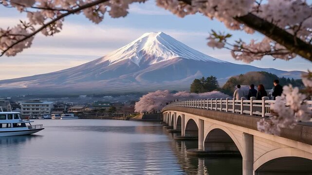 View of iconic mount fuji towering over lake kawaguchi framed by delicate pink cherry blossoms in full spring bloom as people