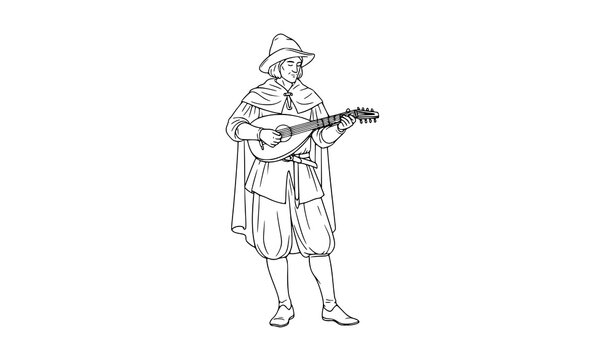 Medieval troubadour playing lute line art bard musician vector illustration isolated on white background
