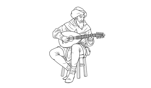 Medieval bard sitting and playing lute hand drawn line art vector illustration isolated on white background