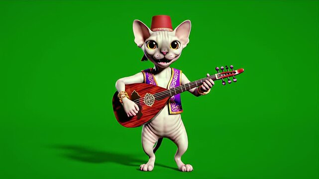 Whimsical Sphynx Cat Performer Playing Mandolin on Green Screen with Dramatic Lighting and Shadow Accentuating Movement