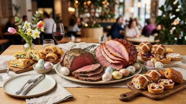 Generous Easter feast featuring sliced roast beef and glazed ham served with traditional accompaniments.