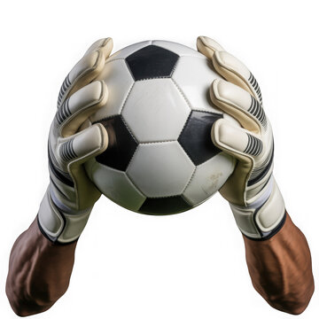 Goalkeeper glove soccer ball hand black white sport catch equipment Confident goalkeeper hands wearing white gloves catching black and white soccer ball isolated transparency background showing