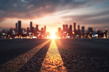 Obraz premium A glowing sunrise at the end of a road leading into the distance, through a city.