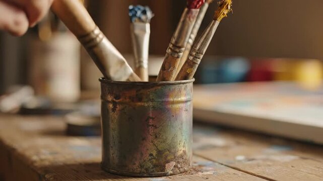 Close up of four artistic paintbrushes resting inside a small rustic cylindrical vintage tin cup container with weathered textures and professional bristles for fine art painting projects