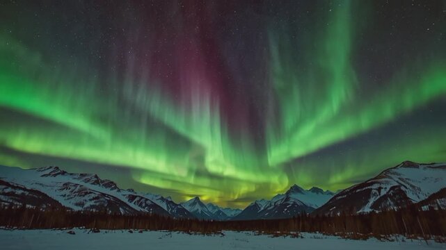 A stunning view of the Aurora Borealis (Northern Lights) over the snowy mountains. The lights dance in a dramatic mix of bright green and reddish purple.