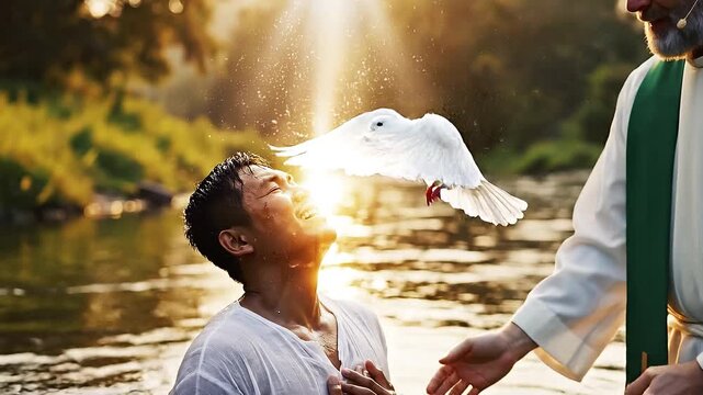 Emotional baptism scene in tranquil river during sunset with priest and individual experiencing spiritual moment