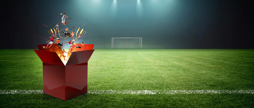 Dynamic soccer action concept with soccer players emerging from a surprise red box on a soccer field.