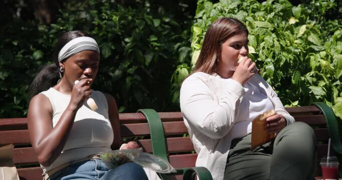 African American women sitting on wooden park bench taking lunch break, eating sandwich and salad
