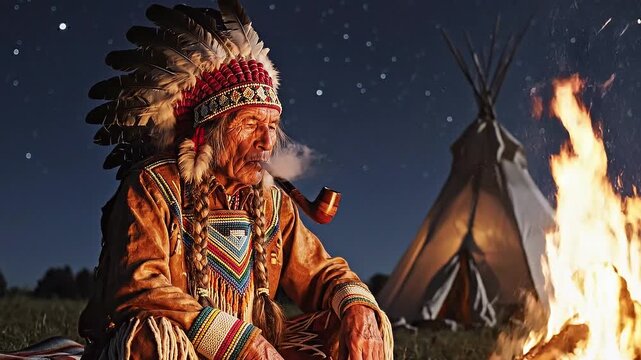 Indigenous Man in Traditional Attire Sitting by a Campfire Under a Starry Sky near a Tipi