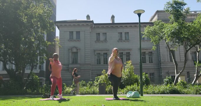African American women in leggings doing yoga on mats pressing hands shifting into one-leg balance
