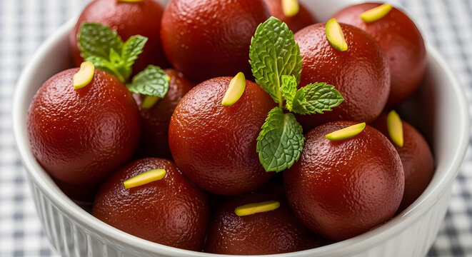 Delicious Gulab Jamun Indian Dessert with Mint Leaves and Pistachio Garnish in White Bowl on Checkered Tablecloth