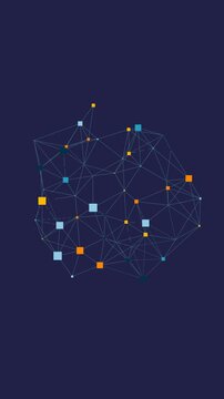 Vertical Isolated network of multicolored dots forming a centralized ring pattern on a dark background, illustrating connections.