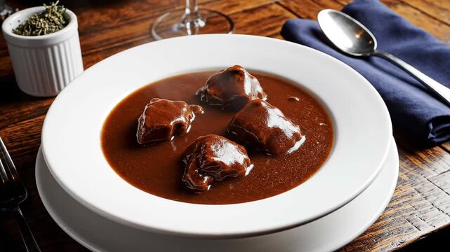 Hearty beef stew with tender meat chunks in a rich dark sauce served in an elegant white bowl on a rustic wooden table.