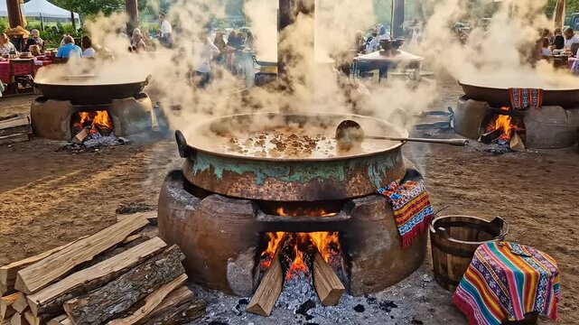 Large metal pots of traditional food steaming over open fires at an outdoor communal feast during an eid al-adha celebration in india.