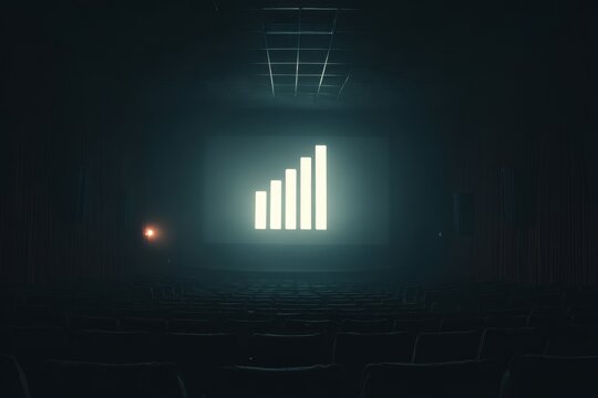 A barchart icon projected on a cinema screen in a dark movie theater