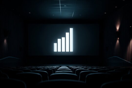 A barchart icon projected on a cinema screen in a dark movie theater