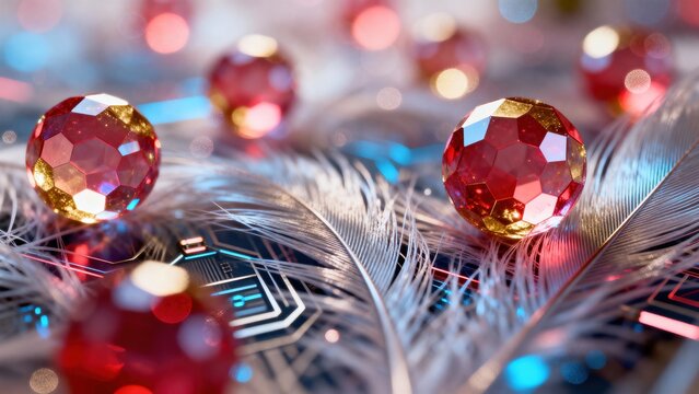 Creative editorial style featuring jewel, feather, bokeh, circuit board, red, light, visually rich composition with depth, realistic lighting, ideal for marketing, advertising, digital content, brandi