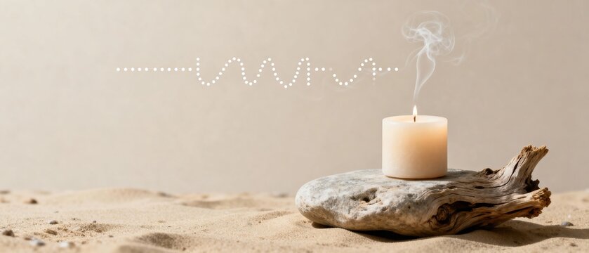 Minimal aesthetic design featuring candle, driftwood, smoke, morse code, beach, sand, visually rich composition with depth, realistic lighting, ideal for marketing, advertising, digital content, brand