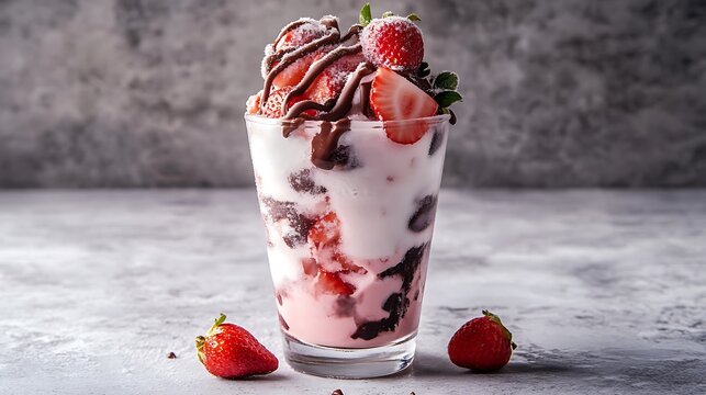 A delicious glass bowl of fresh strawberry ice cream topped with sweet red berries and fruit makes a cold and creamy summer dessert parfait