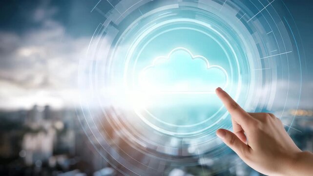 Tracking shot of hand interacting with virtual cloud icon by pointing finger over blurred city skyline with circular interface overlay and glowing light