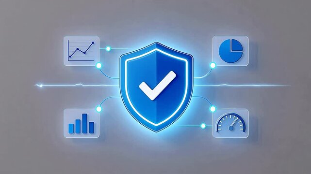 Blue shield with data icons