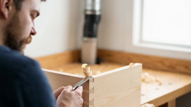 A woodworker shapes a block of wood with a chisel while shavings fall onto the workbench. Natural light fills the workshop, highlighting the craftsmanship
