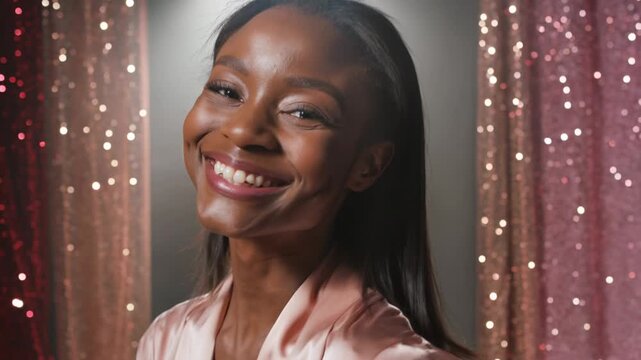A woman smiles brightly in a studio setting with a sparkly backdrop. The close-up shots capture her expressions, suitable for marketing and advertising purposes