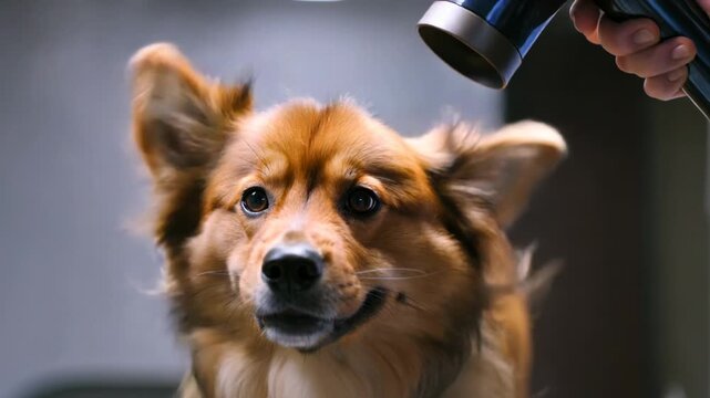 A dog is groomed with a hair dryer indoors, showcasing different stages of dry fur. The focus is on the dog's expression and grooming process for possible use in pet care or grooming services