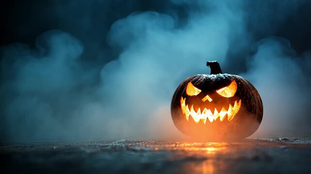 Spooky Halloween Pumpkin with Glowing Face and Fog in Background