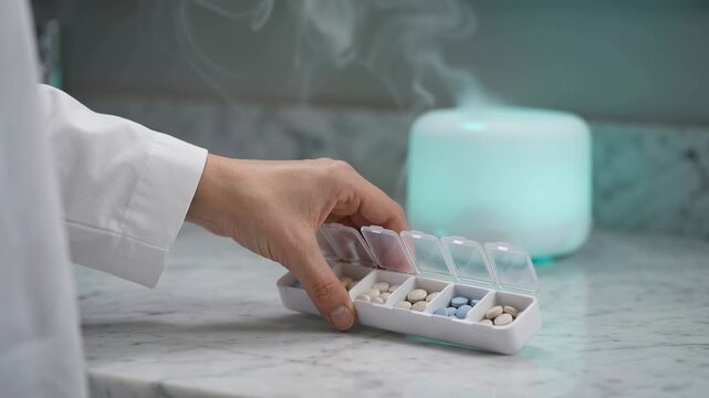 A hand reaches for a weekly pill organizer filled with various medications placed on a marble countertop. A diffuser emits vapor in the background, creating a wellness setting