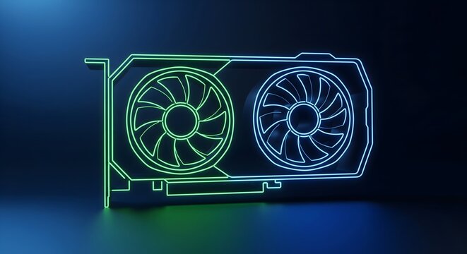 Neon outline of a computer graphics card on a dark blue background.