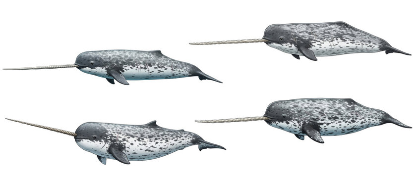 Four Narwhals with Long Tusks on White Background.