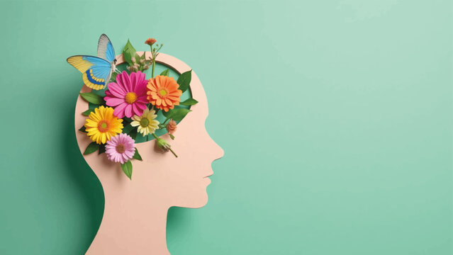 Vector illustration of human head with colorful flowers and butterfly