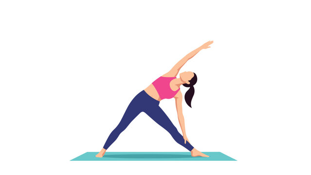 Athletic woman performing the yoga triangle pose on a blue mat against a clean white background for fitness and wellness.