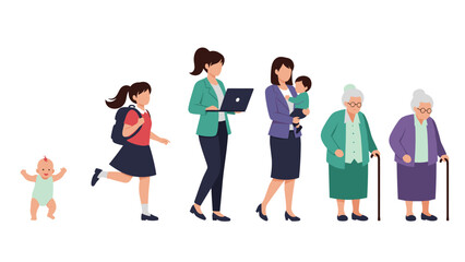Obraz premium Comprehensive illustration showing the different life stages of a woman from infancy and childhood to adulthood and her senior years.