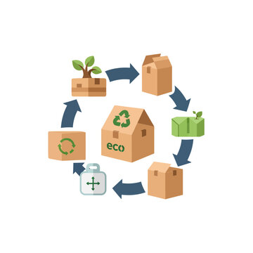 eco-friendly packaging recycling process with plants growing from boxes vector illustration.  Ideal for green marketing, environmental campaigns, and corporate sustainability projects.
