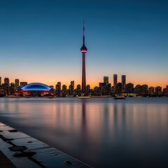 Naklejka premium Vibrant Cityscape Glow At Dusk Iconic Tower Reflecting Tranquil Waters