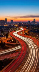 Fototapeta premium Vibrant Cityscape Highway At Dusk With Streaking Lights