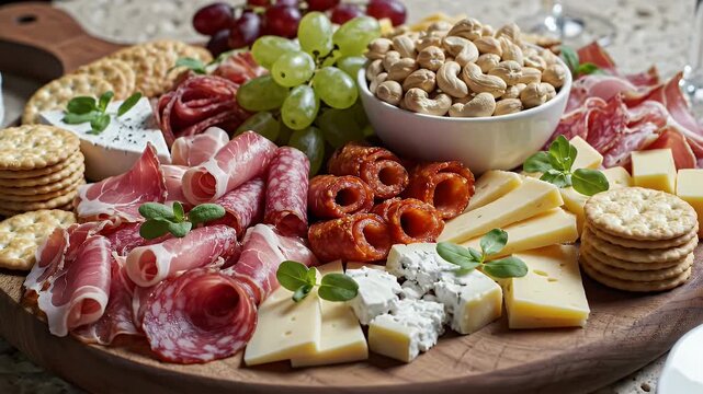 Gourmet charcuterie board with cheeses, meats, crackers, grapes, and cashews